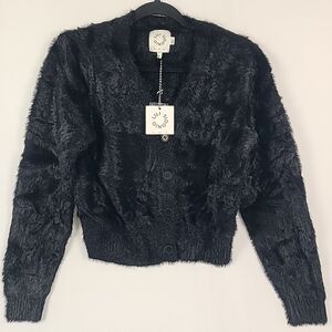 NWT- Anthropologie LILI Sidonio Fuzzy Black Cropped Cardigan Y2K Boho Sz L